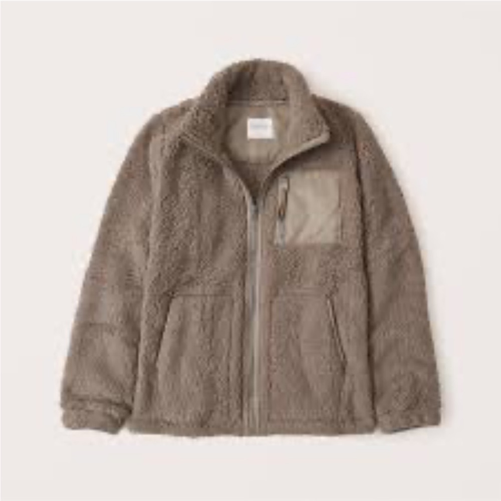 abercrombie & fitch Cozy AF Full-Zip Sherpa Jacket Teddy Vegan Leather Trim